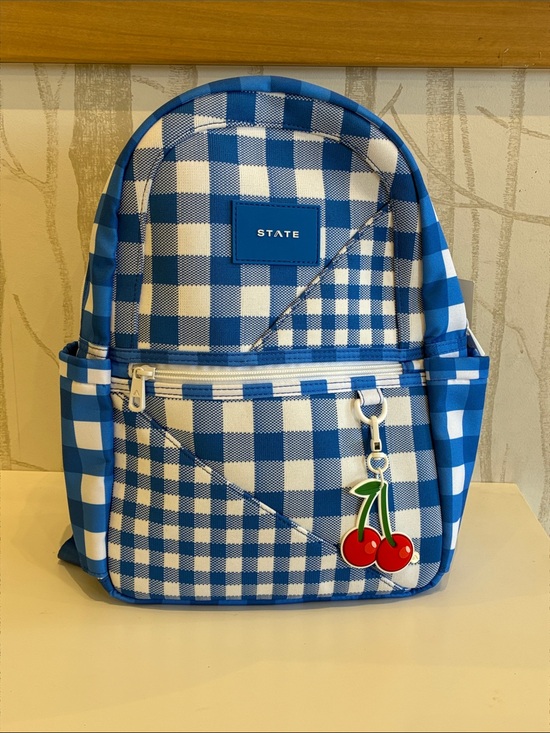 STATE Other - STATE Blue & White Gingham Mini Backpack with Cherry Charm